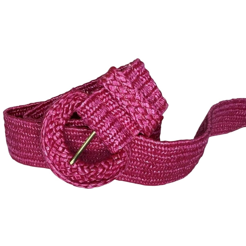 Vintage 80's Wide Cinch Boho Straw Belt Pink Big Buckle Size M Barbiecore Barbie